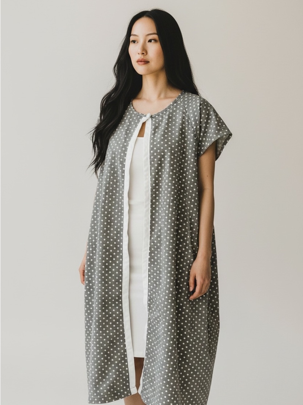 Women’s M Gray Polka Dot Hospital Style Open Front Nursing Night Gown
